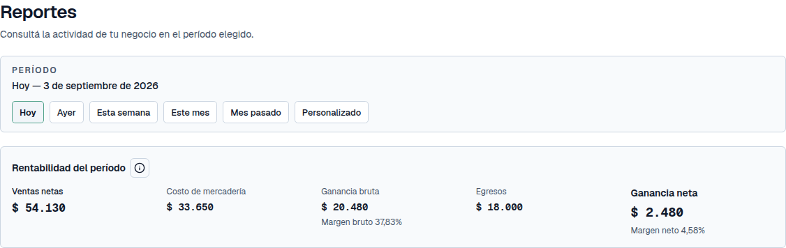 Reportes de Marfen con ventas netas, costo de mercadería, ganancia bruta, margen bruto, egresos, ganancia neta y margen neto.
